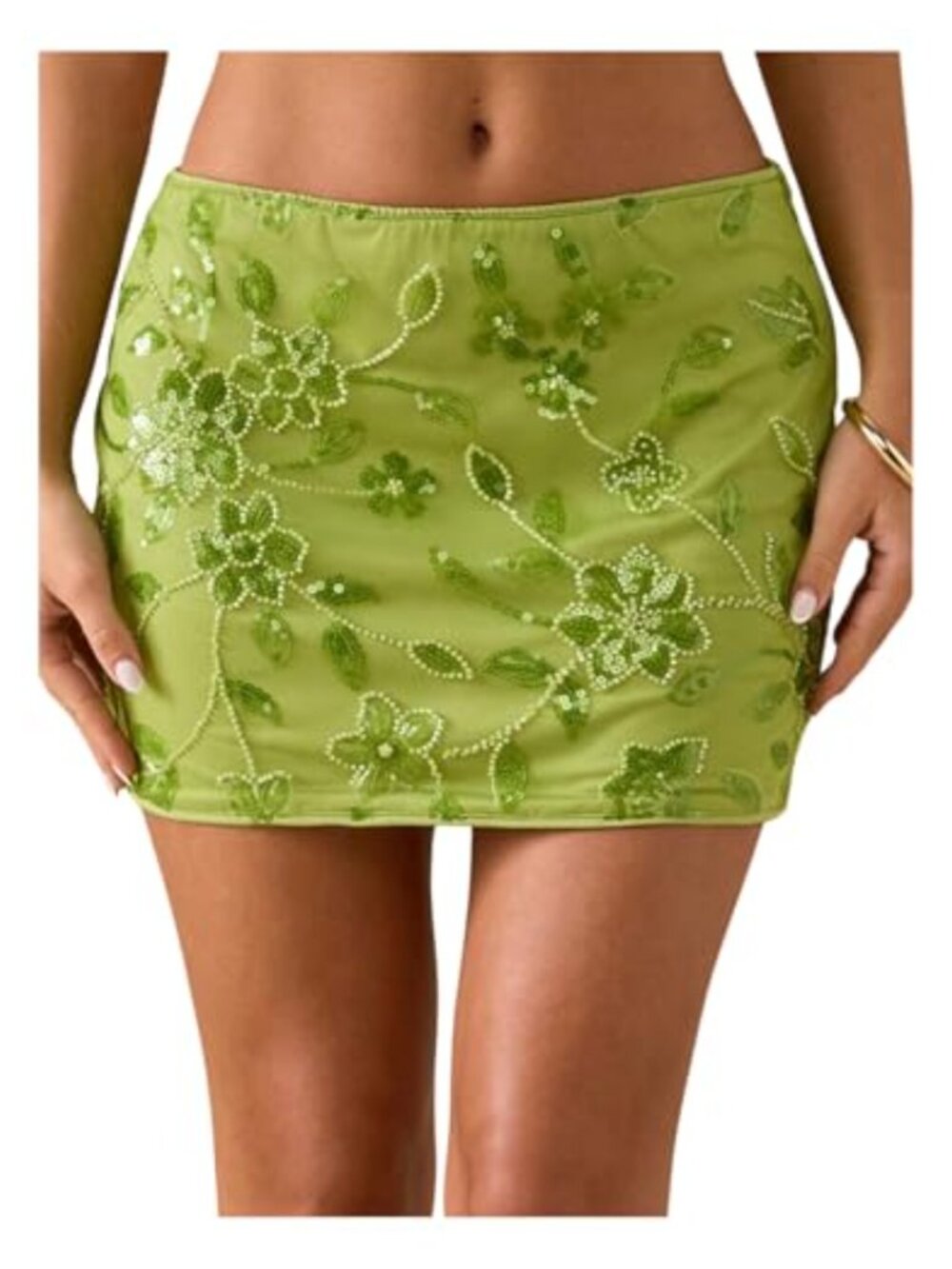 Floral Sequin Low Rise Mini Skirt Bodycon Sparkly Beaded